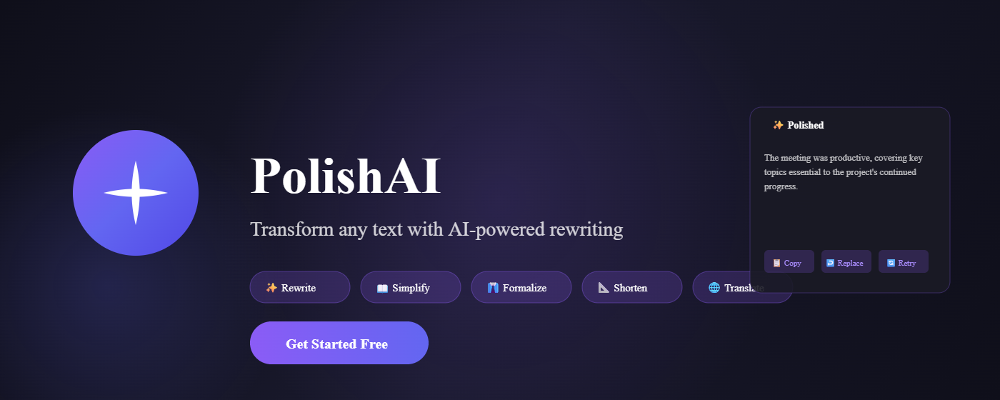 PolishAI extension rewriting text for grammar and style